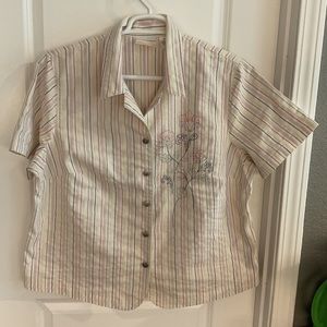 Alfred Dunner Striped Blouse with Floral Embroidery - Cream and Pink